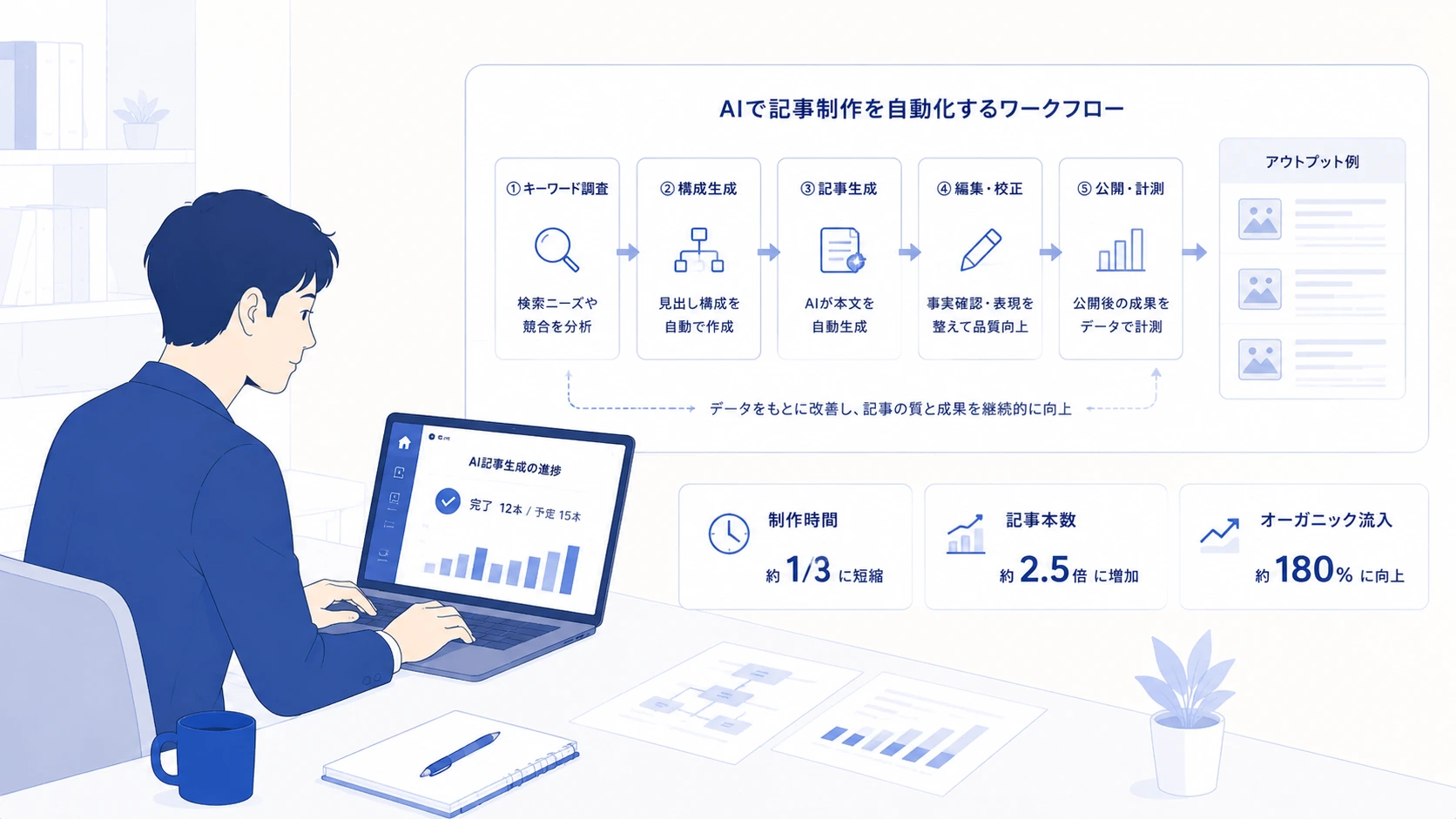 原稿を書くことに集中するマーケティング担当者。煩雑なHTML作業から解放され、落ち着いた表情で執筆に向き合うシーン