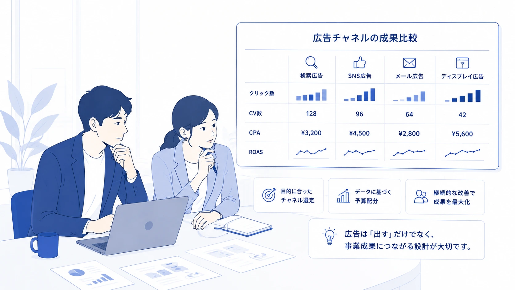 プラットフォーム事業の比較コンテンツのデータを画面で見ながら、収益構造の課題を読み解くマーケティング担当者のイメージ