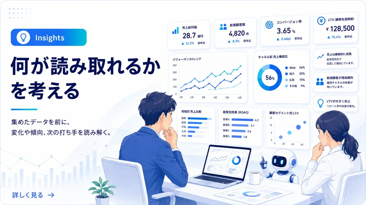 集めたデータを前に、そこから何が読み取れるかを静かに考え込むビジネスパーソンのイメージ