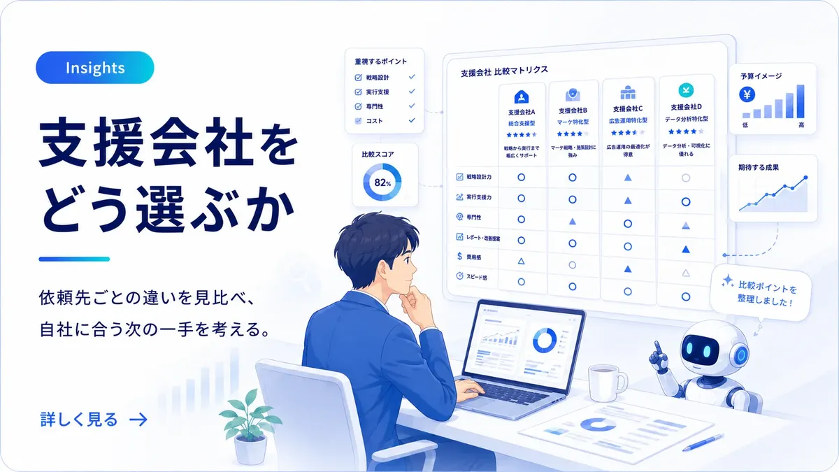 マーケティング支援の依頼先を検討し、資料を見比べながら次の一手を考える中小企業の担当者のイメージ