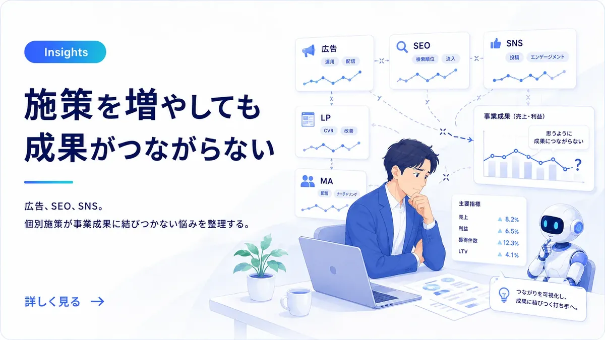 複数の施策に取り組むものの、成果がつながらず悩むビジネスパーソンのイメージ